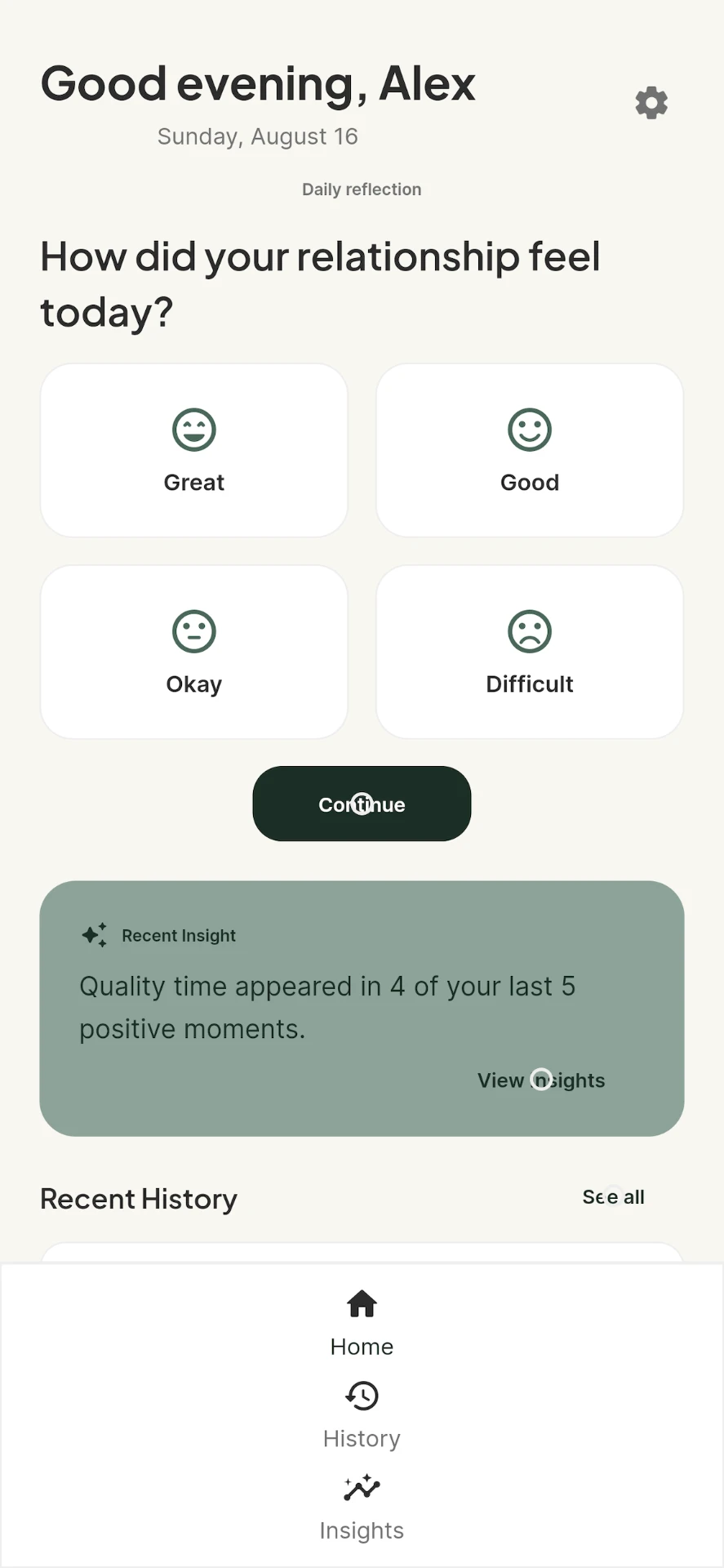 Relate app home screen with the daily reflection check-in